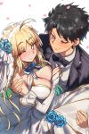  1boy 1girl absurdres artoria_caster_(fate) artoria_pendragon_(fate) bare_shoulders black_hair blonde_hair blue_eyes blush breasts bride cleavage dress ebora fate/grand_order fate_(series) fujimaru_ritsuka_(male) green_eyes highres large_breasts long_hair long_sleeves looking_at_viewer short_hair smile wedding_dress white_dress 