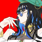 1girl bare_shoulders beret black_hair blue-tinted_eyewear blue_hair colored_inner_hair fate/grand_order fate_(series) finger_in_own_mouth green_hat green_jacket green_nails grey_eyes hat highres jacket jewelry long_hair looking_at_viewer looking_over_eyewear multicolored_hair nail_polish neck_ring red_background round_eyewear solo sunglasses tenochtitlan_(fate) tenochtitlan_(second_ascension)_(fate) tinted_eyewear 