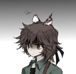 1other androgynous animal_on_head bird bird_on_head black_shirt brown_eyes brown_hair chinese_commentary collared_shirt commentary_request green_shirt kurohebi len&#039;en needless_(toyaco) on_head open_clothes open_shirt other_focus pecking portrait shirt short_hair solo sparrow turn_pale 