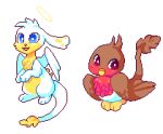 2020 alpha_channel ambiguous_gender arkay9 avian blue_eyes brown_body brown_feathers cheek_spots christmas_neopet digital_media_(artwork) duo feathers feet feral fur halo low_res mammal markings neopet_(species) neopets on_hind_legs outline paws pixel_(artwork) pteri_(neopets) red_markings semi-anthro shaded simple_background tail thumbnail transparent_background white_body white_fur white_outline wings yellow_markings zafara_(neopets)