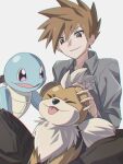  1boy absurdres alternate_costume blue_oak brown_eyes brown_hair chromatic_aberration closed_mouth collared_shirt grey_shirt growlithe highres jayj_824 looking_down male_focus pants petting pokemon pokemon_(creature) shirt short_hair smile spiked_hair squirtle white_background 