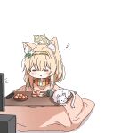  1girl =_= absurdres animal_ear_fluff animal_ears blue_archive blush bowl braid cat cat_ears chibi closed_eyes commentary_request controller cup drooling emimeku flat_screen_tv flower food fruit gold_hairband hair_between_eyes hair_flower hair_intakes hair_ornament hairband halo highres kotatsu long_hair mandarin_orange mari_(blue_archive) mouth_drool notice_lines orange_hair orange_peel parted_lips remote_control sidelocks simple_background single_braid sitting sleeping sleeping_upright solo table television under_kotatsu under_table white_background white_cat white_flower yunomi zzz 