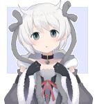  1girl azusa_mifuyu bangs black_gloves breasts choker coat detached_sleeves fur-trimmed_coat fur-trimmed_sleeves fur_trim gloves green_eyes grey_coat grey_hair hair_ribbon highres hooded_coat kanagu magia_record:_mahou_shoujo_madoka_magica_gaiden magical_girl mahou_shoujo_madoka_magica medium_breasts pendant_choker ribbon short_hair solo soul_gem 