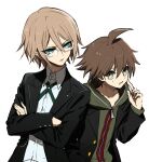  2boys ahoge black_jacket black_sleeves blazer blonde_hair blue_eyes brown_hair buttons coattails collarbone collared_jacket collared_shirt commentary_request danganronpa:_trigger_happy_havoc danganronpa_(series) finger_to_cheek fingernails furrowed_brow glasses green_eyes green_hood green_jacket green_necktie hair_between_eyes hand_on_own_arm height_difference high_collar hood hood_down jacket layered_sleeves long_sleeves looking_at_another male_focus multiple_boys naegi_makoto necktie parted_lips shirt short_hair simple_background sleeves_past_wrists sweatdrop tamaon teeth togami_byakuya upper_body white-framed_eyewear white_background white_shirt zipper zipper_pull_tab 