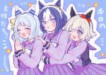  3girls :o animal_ears birthday blue_background blue_hair blush_stickers bow bowtie braid cesario_(umamusume) closed_eyes crown_braid curren_chan_(umamusume) dot_nose ear_bow ear_covers grey_hair hair_ornament hairclip hands_on_another&#039;s_shoulders highres hishi_miracle_(umamusume) horse_ears hug long_sleeves looking_at_another looking_at_viewer medium_hair multiple_girls notice_lines one_eye_closed open_mouth outline own_hands_together palms_together pink_eyes purple_eyes purple_shirt purple_skirt sailor_collar school_uniform shake_(shk_acr) shirt short_hair skirt sparkle tracen_school_uniform translation_request umamusume upper_body white_outline 
