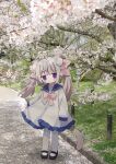  1girl :o ahoge animal_ear_fluff animal_ears black_footwear blue_sailor_collar blurry blurry_foreground blush bow branch cat_ears cat_girl cat_tail day depth_of_field dress flower grey_hair hair_ribbon highres long_hair long_sleeves looking_at_viewer nakkar original outdoors pantyhose parted_lips photo_background pink_bow pink_ribbon puffy_long_sleeves puffy_sleeves purple_eyes ribbon sailor_collar sailor_dress shoes sleeves_past_wrists solo standing tail tree twintails twitter_username watermark white_dress white_flower white_pantyhose 