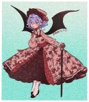  1girl alternate_costume bat_wings blue_hair cane dress k0nfette medium_hair red_eyes remilia_scarlet solo touhou wings 