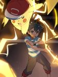 1boy :d ash_ketchum black_hair blue_shirt bracelet brown_pants commentary electricity hat highres jewelry male_focus open_mouth pants pikachu pokemon pokemon_(anime) pokemon_(creature) pokemon_sm_(anime) red_hat shirt short_hair short_sleeves smile striped_clothes striped_shirt suikaels t-shirt z-ring 