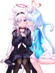  2girls absurdres animal_ear_fluff animal_ears arona_(blue_archive) black_eyes black_headband black_sailor_collar black_shirt black_skirt blue_archive blue_hair blue_shirt blush cat_ears cat_tail closed_eyes colored_inner_hair grey_hair hair_over_one_eye halo headband heart_halo highres kuma_piv licking licking_another&#039;s_cheek licking_another&#039;s_face long_hair multicolored_hair multiple_girls open_mouth pink_hair plana_(blue_archive) red_halo sailor_collar shirt short_hair skirt tail tongue tongue_out white_background white_headband white_sailor_collar white_skirt yuri 