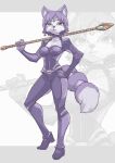2024 5_fingers anthro bodysuit breasts canid canine clothed clothing eyebrows female fingers fox fur hair hand_on_hip hi_res krystal&#039;s_staff krystal_(star_fox) mammal multicolored_body multicolored_fur nintendo pose skinsuit solo star_fox tight_clothing white_body white_fur yoblo