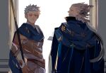  2boys ancient_greek_clothes beard blue_cloak cloak cowboy_shot dual_persona ebata_ringo facial_hair fate/grand_order fate_(series) from_behind full_beard greco-roman_clothes grey_hair holding holding_polearm holding_weapon looking_at_viewer looking_back male_focus multiple_boys mustache old old_man polearm ptolemy_(fate) thick_beard thick_mustache weapon yellow_eyes 