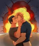  2boys ao_isami black_hair blonde_hair blush couple cowboy_shot explosion facial_hair from_side highres hug interracial kiss lewis_smith male_focus multiple_boys profile sideburns_stubble stubble tata3_193 thick_eyebrows yaoi yuuki_bakuhatsu_bang_bravern 