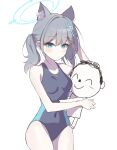  1boy 1girl animal_ear_fluff animal_ears black_one-piece_swimsuit blue_archive blue_eyes breasts cheek_press competition_swimsuit covered_navel cross_hair_ornament doodle_sensei_(blue_archive) extra_ears grey_hair hair_ornament halo highres low_ponytail medium_breasts medium_hair mismatched_pupils multicolored_clothes multicolored_swimsuit official_alternate_costume one-piece_swimsuit sensei_(blue_archive) shiroko_(blue_archive) shiroko_(swimsuit)_(blue_archive) simple_background swimsuit white_background wolf_ears yuzufuro 