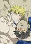  2boys abs alternate_hairstyle ao_isami bara black_hair blonde_hair blush couple facial_hair highres holding_hands interlocked_fingers interracial lewis_smith looking_at_another lying male_focus multiple_boys nipples noir72263840 nude on_back pectorals rotational_symmetry sideburns_stubble stubble thick_eyebrows toned toned_male upper_body yaoi yuuki_bakuhatsu_bang_bravern 