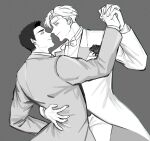  2boys ao_isami couple dancing eye_contact facial_hair from_side greyscale highres holding_hands husband_and_husband interlocked_fingers lewis_smith looking_at_another male_focus miwanhachi monochrome multiple_boys sideburns_stubble smile stubble suit thick_eyebrows yaoi yuuki_bakuhatsu_bang_bravern 