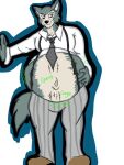 anthro beastars belly belly_peeking_out big_belly bloated canid canine canis frankiehyena fur grey_body grey_fur hand_on_belly huge_belly legoshi_(beastars) male mammal navel overweight overweight_anthro overweight_male rumbling_stomach tail wolf