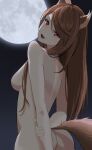  1girl :d absurdres animal_ears arms_behind_back ass back backlighting breasts commentary_request completely_nude cowboy_shot fang full_body full_moon hair_over_shoulder head_tilt highres hiiragi_shinobu holding_own_arm holo looking_at_viewer looking_back medium_breasts moon moonlight night nude open_mouth outdoors red_eyes sideboob sidelocks smile solo spice_and_wolf straight_hair swept_bangs tail tsurime wolf_ears wolf_girl wolf_tail 