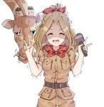  1girl aa211108 animal belt belt_buckle breasts brown_belt brown_pants brown_shirt buckle closed_eyes cowboy_shot dot_nose double_v giraffe hair_ribbon high_ponytail holding holding_microphone idolmaster idolmaster_million_live! idolmaster_million_live!_theater_days medium_breasts microphone neckerchief nikaidou_chizuru open_mouth pants pocket red_neckerchief red_ribbon ribbon shaded_face shirt short_sleeves sidelocks simple_background solo straight-on teardrop tearing_up trembling v v-shaped_eyebrows wavy_hair wavy_mouth white_background 