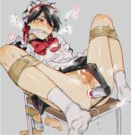  1boy anus apron ass black_hair black_panties blush bound bow bowtie commentary_request crossdressing cum cum_in_ass dildo erection frilled_apron frills full_body gagged grey_background kanro_ni knees_up maid_apron maid_headdress male_focus original otoko_no_ko panties penis red_bow red_bowtie red_eyes restrained sex_toy shiny_skin short_hair socks solo steam sweat tape tape_bondage testicles underwear white_socks 