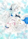  1girl absurdres arim0k0 artist_name blue_background blue_eyes blush breasts commentary frills full_body garter_straps grey_ahir highres izayoi_sakuya knife looking_at_viewer maid maid_headdress panties sample_watermark short_hair solo thighhighs too_many too_many_frills touhou traditional_media underwear watermark white_panties white_thighhighs 