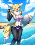  :3 anthro asterozoan bandai_namco beach bikini blush braixen breasts canid canine canis cleavage clothed clothing countershading digimon digimon_(species) digital_media_(artwork) echinoderm enoiz fae_(vulfox) female generation_6_pokemon hi_res hybrid inflatable inflatable_toy inner_tube mammal marine medium_breasts navel nintendo outside pokemon pokemon_(species) pool_toy renamon sand seaside sky solo starfish starfish_(accessory) surfboard swim_ring swimwear under_boob video_games water wet white_body yellow_body 