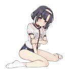  aa211108 bare_legs between_legs black_eyes black_hair blue_buruma blush breasts buruma dot_mouth dot_nose embarrassed forehead full_body gym_shirt gym_uniform hairband hand_between_legs hand_on_own_arm idolmaster idolmaster_cinderella_girls leash looking_at_viewer medium_breasts name_tag parted_bangs shiragiku_hotaru shirt short_hair short_sleeves shy sidelocks simple_background sitting socks wariza white_background white_hairband white_socks 