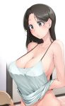  1boy 1girl aratama_(a-tama) balding black_eyes black_hair blush breasts camisole chestnut_mouth cleavage clothes_lift covered_nipples large_breasts long_hair old old_man original solo_focus spaghetti_strap 