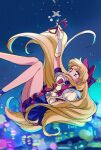  1girl aino_minako bishoujo_senshi_sailor_moon blonde_hair blue_eyes blue_sailor_collar blue_skirt bow city_lights earrings facial_mark feet_out_of_frame floating_hair forehead_mark gloves hair_bow hand_up highres holding holding_eyewear jewelry knees_together_feet_apart long_hair looking_up night night_sky ponytail puffy_short_sleeves puffy_sleeves red_bow sailor_collar sailor_v shirt short_sleeves skirt sky solo suzuki_(2red_moon3) thighs white_gloves white_shirt 