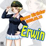  1girl adjusting_clothes adjusting_headwear artist_logo birthday blonde_hair blue_jacket brown_eyes character_name closed_mouth commentary dated english_text erwin_(girls_und_panzer) girls_und_panzer goggles goggles_on_headwear green_headwear green_shirt hand_on_hip happy_birthday hat jacket long_sleeves looking_at_viewer military military_hat military_uniform miniskirt nishi_itsumi ooarai_military_uniform peaked_cap pleated_skirt pointy_hair shirt short_hair skirt smile solo standing uniform white_skirt zoom_layer 