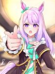  1girl :o animal_ears black_jacket bow bowtie ear_bow green_bow green_bowtie hand_on_own_chest highres horse_ears horse_girl jacket long_hair looking_at_viewer mejiro_mcqueen_(umamusume) neko_reina pointing pointing_at_viewer purple_eyes purple_hair signature solo umamusume upper_body 