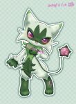  2022 3_fingers 3_toes :3 :d absurd_res ambiguous_gender anthro biped checkered_background cheek_tuft claws cute_fangs dated digital_media_(artwork) digitigrade dipstick_ears facial_markings facial_tuft feet fingers floragato full-length_portrait fur generation_9_pokemon green_body green_fur head_markings hi_res kemono kisara_(artist) leaked_pokemon leg_markings looking_at_viewer markings mask_(marking) multicolored_ears nintendo open_mouth outline pattern_background pink_eyes pink_nose pink_tongue pokemon pokemon_(species) portrait simple_background smile socks_(marking) solo standing toes tongue tuft video_games white_claws white_outline yo-yo 