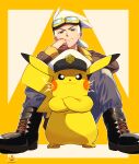  1boy absurdres asada_yo black_footwear boots border brown_jacket captain_pikachu closed_mouth commentary_request friede_(pokemon) goggles grey_pants head_rest highres jacket long_sleeves looking_down male_focus outside_border pants pikachu pokemon pokemon_(anime) pokemon_(creature) pokemon_horizons smile white_hair yellow_eyes 