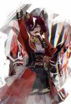  1girl arm_up az_(azkin_g) black_shorts breasts capelet corset cowboy_shot eyepatch hand_up highres holding holding_microphone jacket long_sleeves looking_at_viewer microphone multicolored_hair notes_of_grandeur_(umamusume) open_mouth red_jacket red_skirt shirt short_hair shorts showgirl_skirt skirt small_breasts smile solo standing streaked_hair tanino_gimlet_(umamusume) umamusume white_shirt yellow_eyes 
