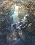  1girl aircraft airplane bob_cut building cable chair city debris green_eyes highres jewelry necklace original outdoors puddle reflection road rubble ruins shorts sitting sky skyscraper solo tank_top tokunaga_akimasa toy_airplane urban water wire 