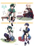  ... 4boys afterimage ahoge androgynous anemo_symbol_(genshin_impact) aqua_hair arm_tattoo armor arrow_(symbol) asymmetrical_clothes bandaged_hand bandages bead_necklace beads beckoning beret blue_vest braid cape closed_mouth collared_cape crossed_bangs facial_mark flower forehead_mark full_body genshin_impact gloves green_cape green_eyes green_hair green_hat grey_hair hair_between_eyes hakama hakama_shorts hand_on_own_cheek hand_on_own_face hat hat_flower highres japanese_armor japanese_clothes jewelry kaedehara_kazuha kinatsu_k long_hair looking_at_viewer low_ponytail male_focus motion_lines multicolored_hair multiple_boys necklace on_floor on_ground one_eye_closed open_clothes open_mouth open_vest pillow pointing ponytail purple_eyes purple_hair red_hair scaramouche_(genshin_impact) shoes short_hair shorts shoulder_armor shoulder_spikes side_braids single_sleeve sitting smile spikes spoken_ellipsis star_(symbol) streaked_hair tatami tattoo thighhighs twin_braids two-tone_vest venti_(genshin_impact) vest wanderer_(genshin_impact) white_flower xiao_(genshin_impact) yellow_eyes 