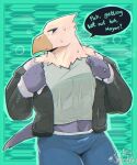 animal_crossing anthro apollo_(animal_crossing) bodily_fluids clothed clothing digital_media_(artwork) english_text exsys jacket male muscular muscular_male nintendo open_clothing open_jacket open_topwear pattern_background simple_background solo speech_bubble sweat text topwear