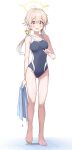  1girl :o absurdres blue_archive blush collarbone covered_navel full_body groin halo hifumi_(blue_archive) hifumi_(swimsuit)_(blue_archive) highres holding holding_towel karikura_(atatata71) light_brown_hair long_hair looking_at_viewer one-piece_swimsuit round_teeth school_swimsuit solo swimsuit teeth toes towel twintails water_drop wing_hair_ornament 