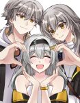  1boy 2girls :d black_hairband black_jacket blush caelus_(honkai:_star_rail) closed_eyes collared_shirt firefly_(honkai:_star_rail) grey_hair hair_between_eyes hair_ornament hairband heart heart_hands heart_hands_trio highres honkai:_star_rail honkai_(series) hyo(shhonsr) jacket multiple_girls off-shoulder_shirt off_shoulder open_clothes open_jacket open_mouth shirt short_hair smile stelle_(honkai:_star_rail) trailblazer_(honkai:_star_rail) upper_body yellow_eyes 