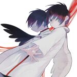  2boys akio_(89e) angel_wings baroque_(series) black_eyes black_hair black_wings brothers child closed_eyes dated_commentary hair_over_one_eye male_focus multiple_boys protagonist_(baroque) reaching robe short_hair siblings single_wing twins white_background white_robe white_wings wings 