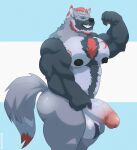  2022 absurd_res anthro balls barazoku beard belly biceps big_balls big_muscles big_penis canid canine canis claws erection eyebrows facial_hair flexing fur genitals hair hi_res huge_balls huge_muscles huge_penis huge_thighs humanoid_genitalia humanoid_penis looking_at_viewer male mammal markings muscular muscular_anthro muscular_male narrowed_eyes nipples nude pecs penis sharp_teeth simple_background smile smirk solo standing teeth thick_penis thick_thighs tuft tylerstark vein wolf 