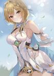  1girl absurdres bangs bare_shoulders blonde_hair blush breasts cleavage dress feather_hair_ornament feathers genshin_impact hair_ornament highres looking_at_viewer lumine_(genshin_impact) maruro medium_breasts medium_hair outdoors parted_lips sky solo upper_body white_dress yellow_eyes 