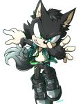  1boy animal_ears black_footwear black_gloves cat_ears character_request full_body gloves green_eyes green_jacket heterochromia highres jacket jewelry kuroshinki looking_at_viewer male_focus necklace open_clothes open_jacket original reaching reaching_towards_viewer shoe_strap shoes signature single_glove smile solo sonic_(series) tail teeth transparent_background 