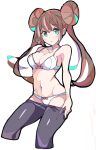  1girl alternate_eye_color armpit_crease armpits blush bow bow_bra bow_panties bra breasts brown_hair cleavage double_bun doughnut_hair_bun enpe feet_out_of_frame green_eyes hair_between_eyes hair_bun highres lingerie long_hair looking_at_viewer medium_breasts midriff navel open_mouth panties parted_lips pink_bow pokemon pokemon_(game) pokemon_bw pokemon_bw2 removing_legwear rosa_(pokemon) simple_background stomach thigh_gap thighhighs thighs underwear white_background white_bra white_panties 