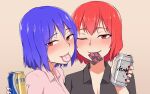  2girls ;) blue_hair blue_nails can come_hither commentary_request condom condom_in_mouth highres holding holding_can horikawa_raiko looking_at_viewer mouth_hold multiple_girls nagae_iku one_eye_closed red_eyes red_hair red_nails short_hair smile touhou upper_body zakku_(kya--193) 
