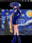  1girl alternate_costume earrings gem high_heels highres iizunamaru_megumu jewelry k0nfette solo starry_night_(van_gogh) touhou user_interface wide_brim 