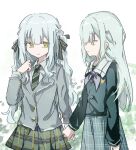  2girls bang_dream! bang_dream!_it&#039;s_mygo!!!!! black_ribbon blue_hair chinese_commentary closed_mouth collared_shirt commentary_request diagonal-striped_clothes diagonal-striped_necktie flat_chest green_hair green_necktie green_shirt green_skirt grey_jacket hair_ornament hair_ribbon hairclip highres holding_hands jacket jiekuijiangshadaonijiamenkou light_blue_hair long_hair multiple_girls neckerchief necktie no_nose plaid plaid_skirt pleated_skirt purple_neckerchief ribbon school_uniform shirt skirt smile striped_clothes togawa_sakiko wakaba_mutsumi yellow_eyes 