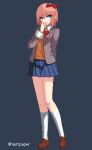  1girl arm_behind_back artist_name blazer blue_background blue_eyes blue_skirt bow brown_footwear brown_jacket brown_sweater_vest closed_mouth curled_fingers doki_doki_literature_club full_body hair_between_eyes hair_bow hand_on_own_face jacket kneehighs loafers long_sleeves looking_at_viewer nastpaper nervous open_clothes open_jacket pink_hair pixel_art pleated_skirt raised_eyebrows red_bow sayori_(doki_doki_literature_club) school_uniform shoes short_hair simple_background skirt socks solo standing sweater_vest twitter_username white_socks worried 