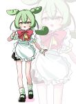  1girl :3 absurdres alternate_costume apron black_shorts blush bow bowtie full_body green_eyes green_hair green_shirt green_socks half-closed_eyes highres large_bow long_hair looking_at_viewer low_ponytail mary_janes okusuri_nometane open_mouth puffy_short_sleeves puffy_shorts puffy_sleeves raised_eyebrows red_bow red_bowtie shirt shoes short_sleeves shorts simple_background smile socks solo voicevox waist_apron walking white_background wrist_cuffs zoom_layer zundamon 