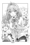  1girl border bow bowtie breasts closed_mouth commentary_request crown eyes_visible_through_hair floral_background flower greyscale hand_rest highres holding holding_flower large_breasts long_hair long_sleeves looking_at_viewer mariya_mikhailovna_kujou monochrome official_art pleated_skirt school_uniform skirt smile solo sweater tenacitysaho thighhighs tokidoki_bosotto_roshia-go_de_dereru_tonari_no_arya-san zettai_ryouiki 