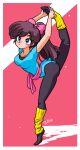  1980s_(style) 1girl arms_up ass belt black_pantyhose black_undershirt blue_eyes blue_leotard bow breasts brown_hair exercising gymnastics hair_bow high_ponytail kuonji_ukyou leg_up leotard long_hair looking_up medium_breasts pantyhose pink_belt pink_bow ranma_1/2 retro_artstyle signature standing standing_on_one_leg stretching sweatdrop tiptoes two-tone_background wanta_(futoshi) yellow_leg_warmers 